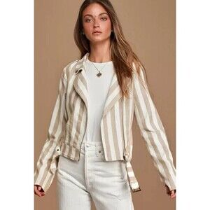 Lulu’s Vacation Signature Taupe and Ivory Striped Belted Moto Jacket Large